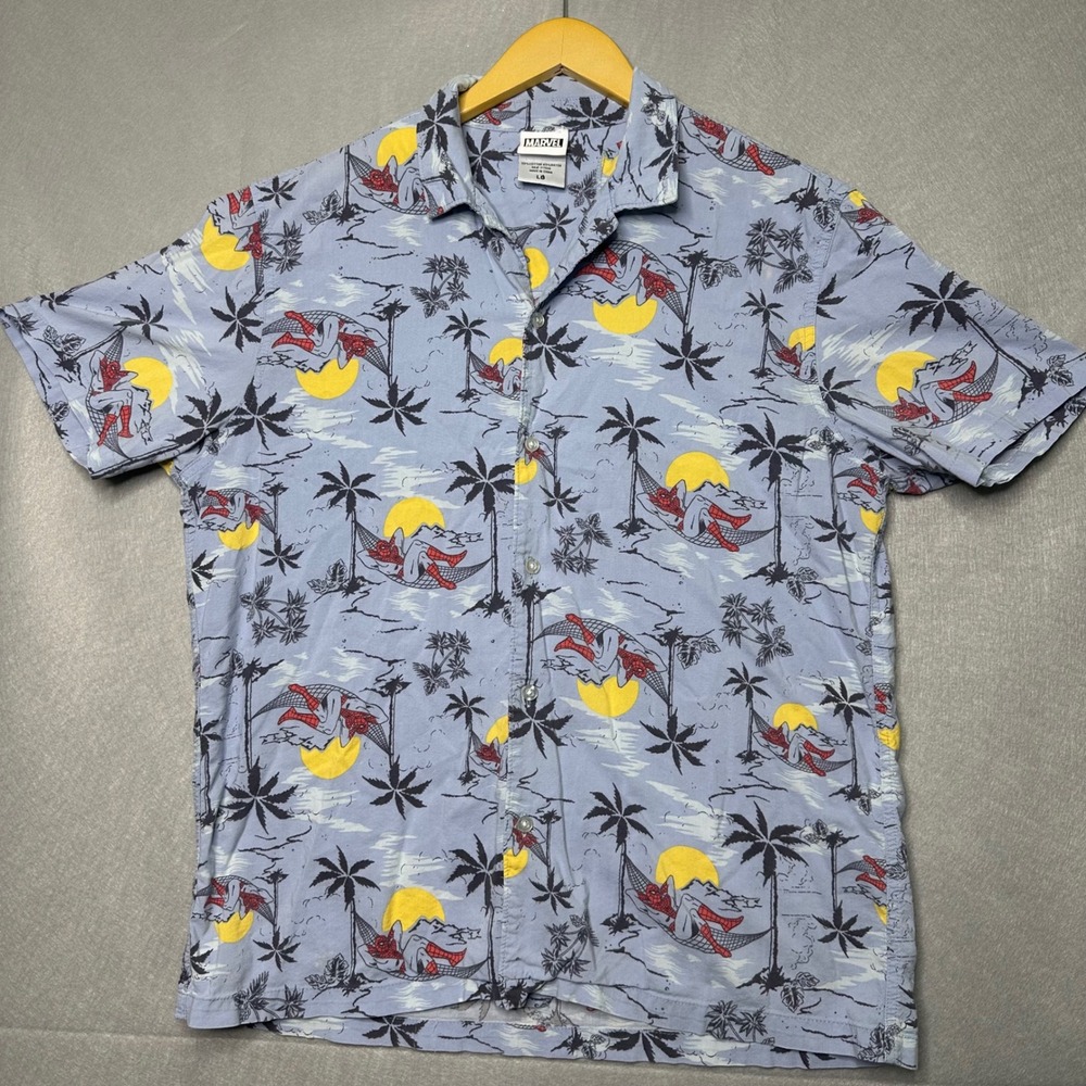 Marvel Mens Button Down Shirt Large Blue Excellent Spider-Man Tropical Vacation